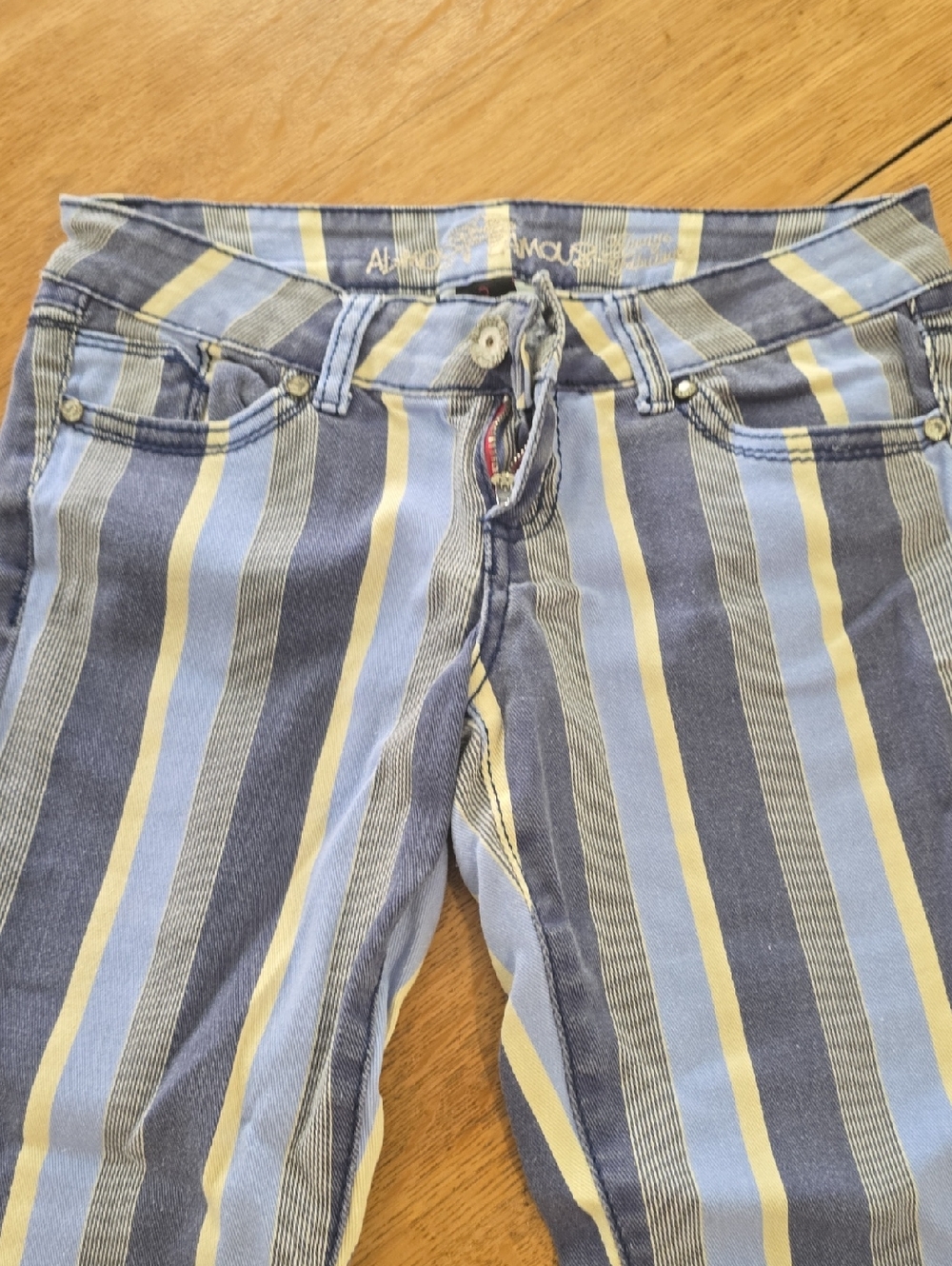 Almost Famous Blue and Yellow Vertical Stripe High-Rise Jeans